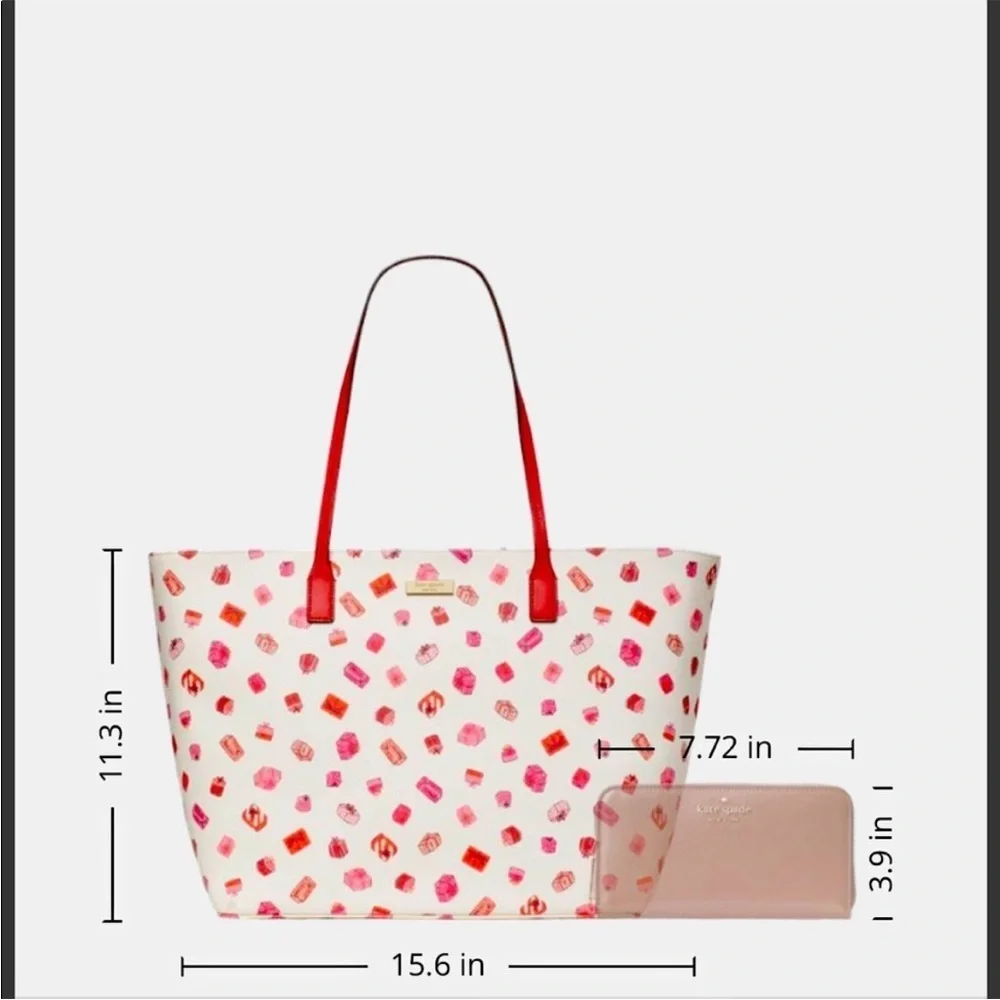 Kate Spade Red and Pink Gift Pattern Tote with Wristlet